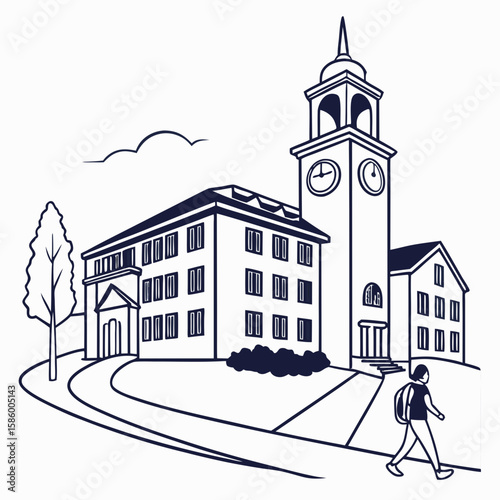 Minimalist Line Drawing of Classic Town Square with Central Clock Tower and Pedestrian Scene capturing urban landscape and community environment in