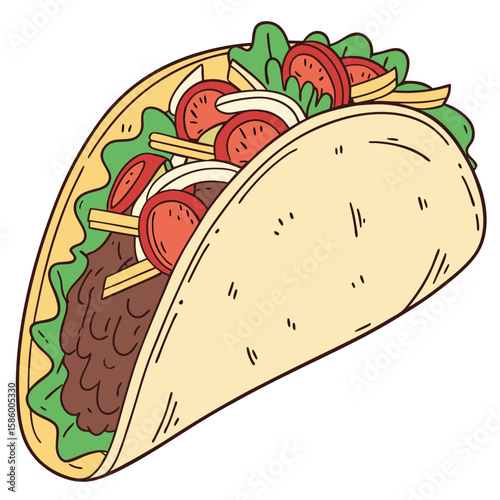 Stylized Illustration of a Tasty Taco Featuring Ground Beef Fresh Vegetables and Soft Tortilla Wrap Visualization