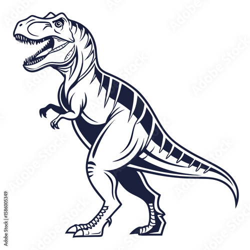 Illustration of a fierce T-Rex dinosaur standing upright with detailed muscular structure and menacing expression capturing prehistoric wildlife in
