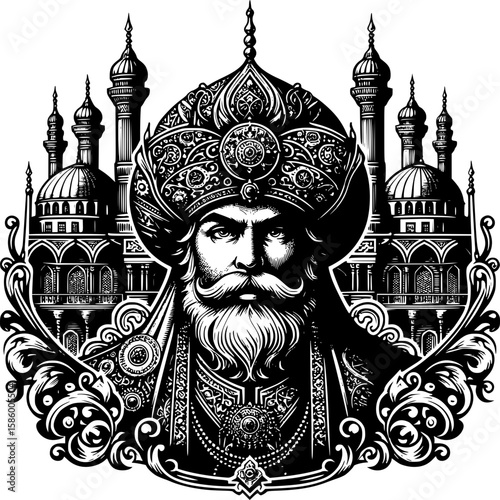 Sultan Majesty: Portrait of a majestic sultan in traditional attire, rendered in detailed black and white illustration style, with ornamental floral patterns and an iconic castle background.