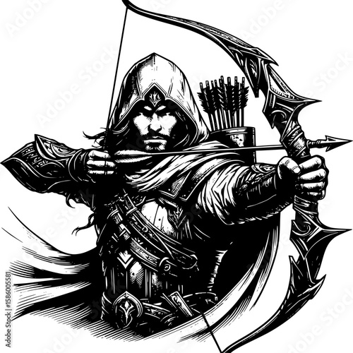 Guardian Archer: An archer, clad in protective garb and a hooded cloak, takes aim with a detailed bow and arrow, ready to defend. Symbolizing valor and precision, in a classic medieval style.