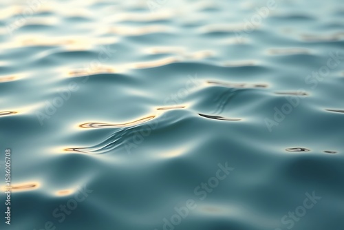 Close up of gentle teal water ripples reflecting soft golden light