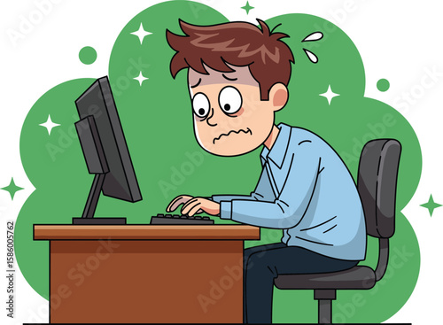 Stressed cartoon office worker typing on computer, workplace anxiety, deadline pressure, frustrated employee illustration, productivity challenges, corporate burnout