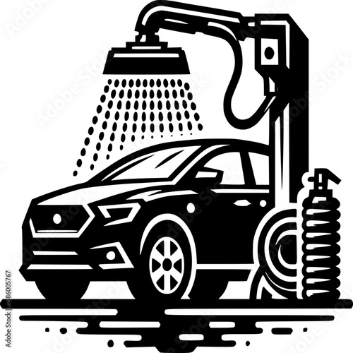 Car Wash: A sleek automobile undergoes the car wash process, a black and white illustration depicts an automated car wash system, spraying water and soap onto the vehicle.