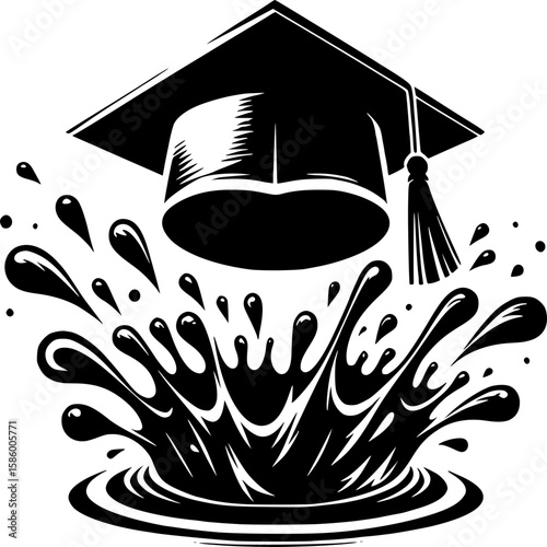 Degree Splash: A symbolic monochrome illustration of academic achievement featuring a graduation cap suspended above a dynamic splash, representing the culmination of education and knowledge
