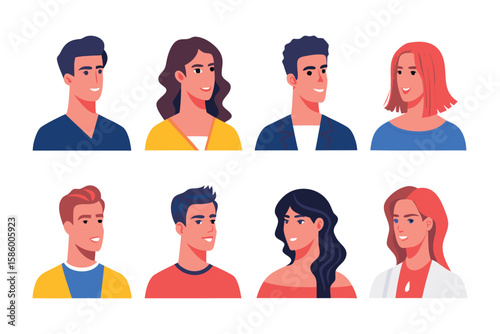 Diverse portraits: A collection of eight diverse, professionally illustrated portraits, each showcasing unique individual character with smiling faces. 