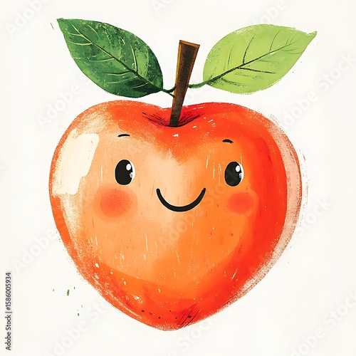 Whimsical Smiling Apple Character Illustration with Leaves and Warm Colors