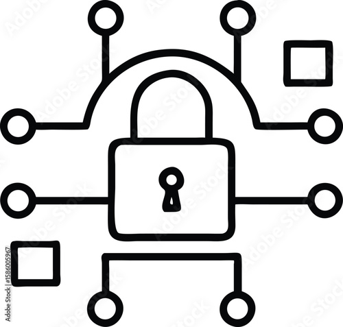 Simple digital security lock icon with connecting nodes and square shapes
