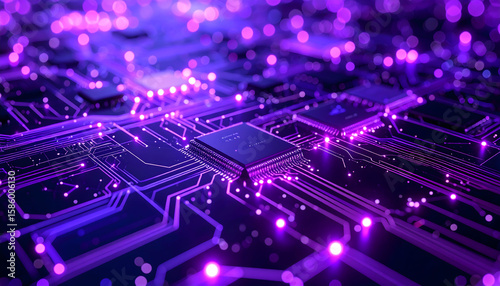 Abstract Purple Glowing Circuit Board with Central Processor