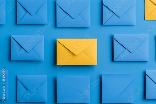 Group of blue envelopes with one yellow envelope in the center. Concept of individualism, standing out, and receiving messages. Communication concept.