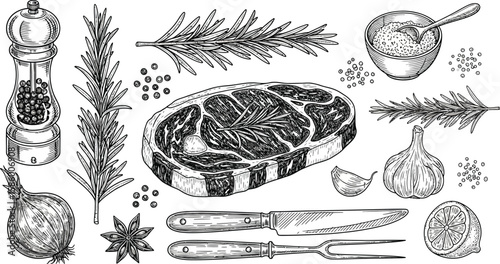 Hand drawn steak illustration with herbs and spices food ingredients