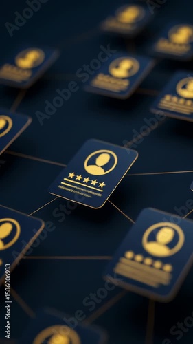 Multiple profile cards with five-star ratings glow across an interconnected dark grid, representing the concept of reputation analytics, trust metrics, digital identity, and professional networks.