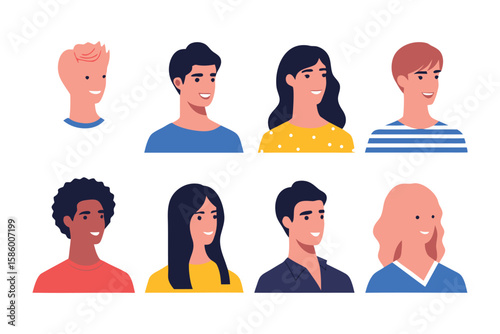 Diverse Portraits: A collection of diverse individuals, each showcasing unique characteristics through cheerful smiles and various hairstyles, representing inclusivity and unity.