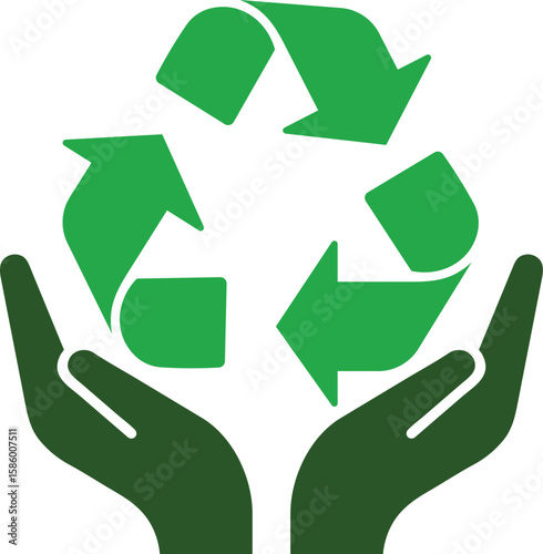 Hands holding green recycling symbol representing environmental protection and conservation