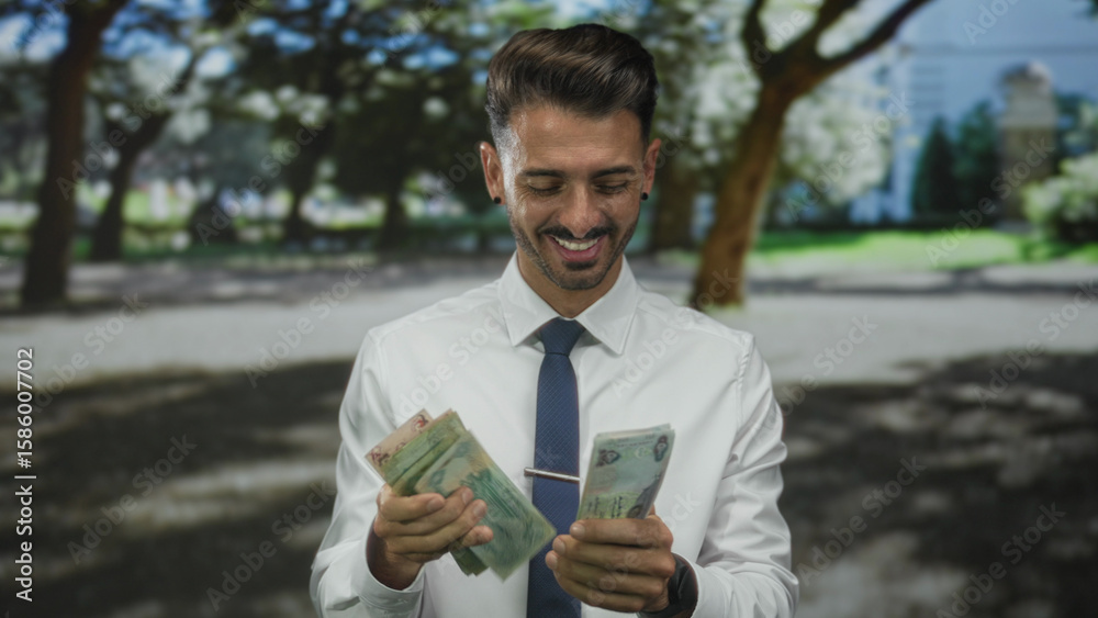 Fototapeta premium Young hispanic man in white shirt counting dirham banknotes with hands in forest clearing; prosperity.