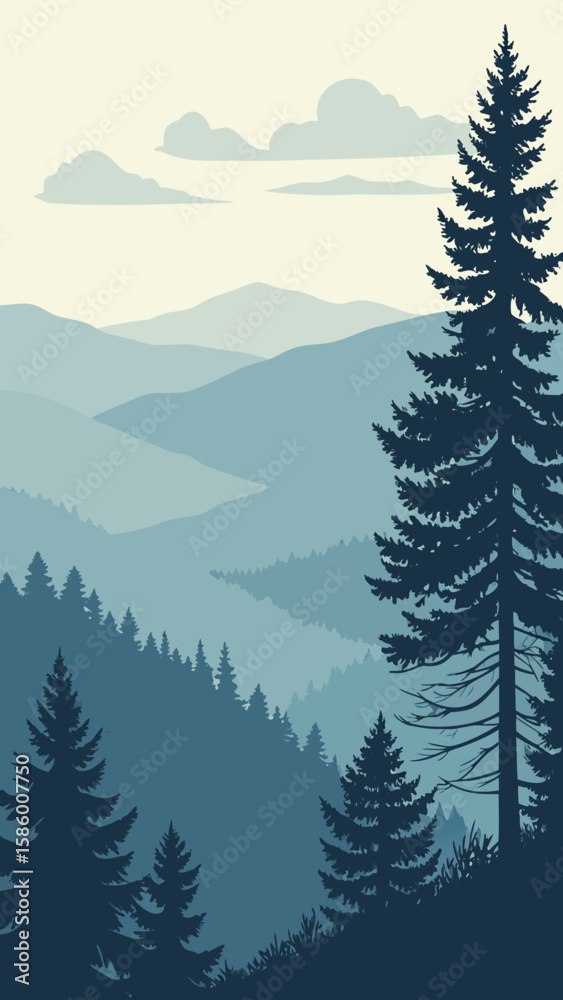Fototapeta premium Serene Nature Background: Foggy Pine Woods and Distant Blue Mountains
