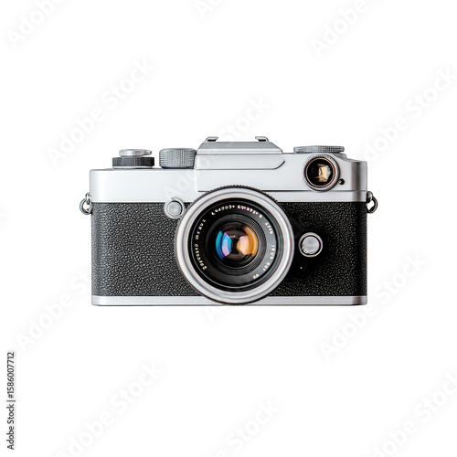 Sleek silver and black 35mm film camera, frontal view, showcasing lens and controls
