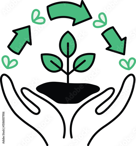 Plant growing in hands with arrows representing the cycle of nature