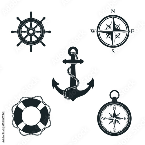 Nautical Icon Set Featuring Anchor and Compass Silhouettes Vector illustration