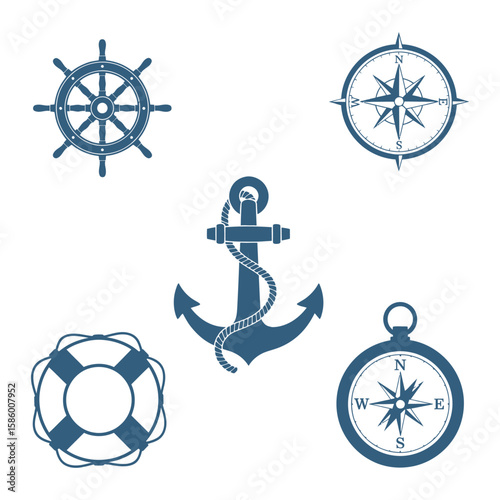 Nautical Icon Set Featuring Anchor and Compass Silhouettes Vector illustration
