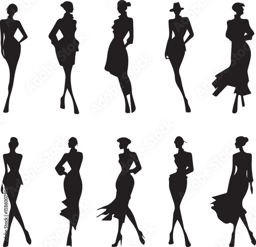 Silhouette of fashionable women silhouette set on white background