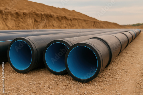 Wallpaper Mural Large industrial plastic pipes arranged on construction site ground, prepared for installation in utility infrastructure expansion projects Torontodigital.ca