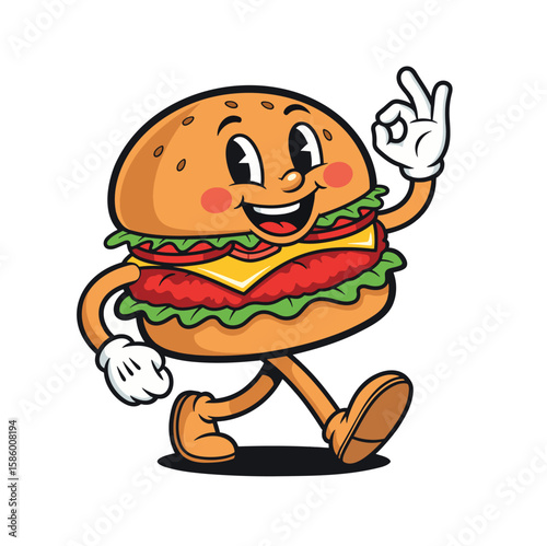 Cheerful Cartoon Burger Mascot Walking with Ok Sign Vector illustration