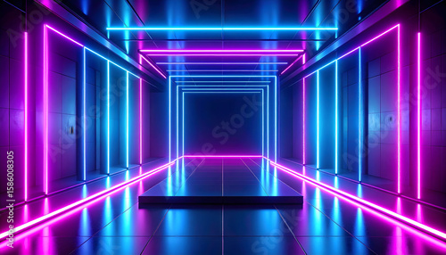 Abstract Neon Tunnel with Purple and Blue Glowing Lines