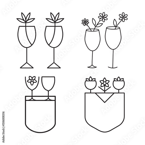 line art of wine glasses with flowers in pock set bundle on the white background