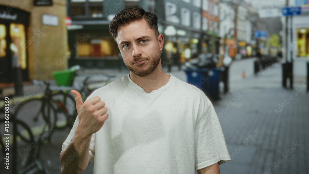 Fototapeta premium Young man with beard in white shirt giving thumbs up on city street surrounded by shops and bicycles outdoors.