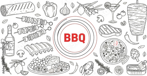 BBQ party sketch with grill food and drink illustrations