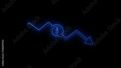 Money loss concepts. Cash down, arrow and dollar stocks graph, market fall. neon down arrow stocks graph with black background. 4k