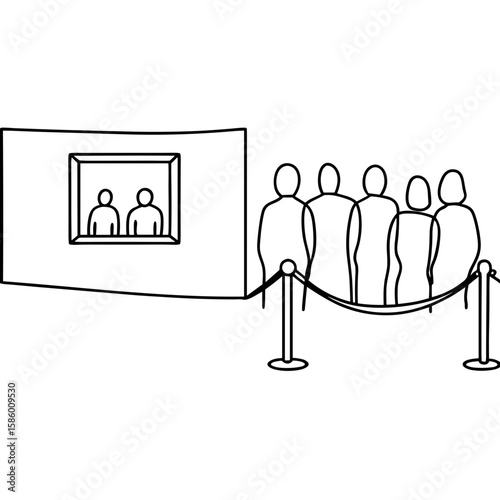 Icon of ticket window with queue and people waiting in line  
