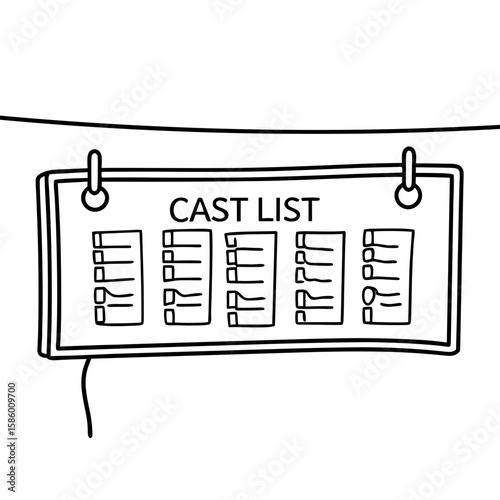 Icon cast list pinned to board in minimalist black and white style  
