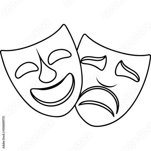 Comedy and tragedy masks sketch in black outline style  