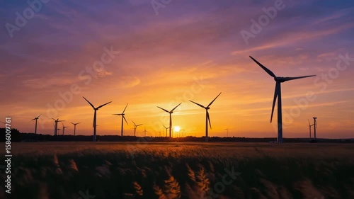 Timelapse of sunset over a modern wind farm, slow tilt-up from grass to turbines silhouetted against the sun