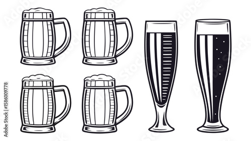 Collection of various beer glasses and mugs in a simple line drawing style