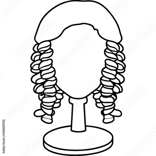 Icon curled wig on stand drawing in black and white  