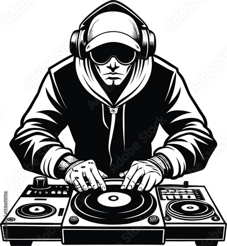 Bold Black and White DJ Illustration with Turntables and Headphones
