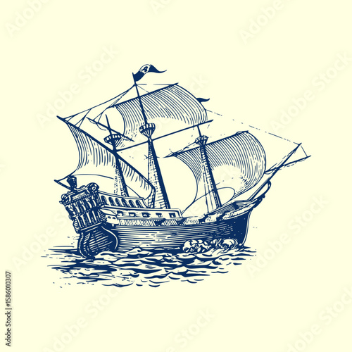 Engraved pirate ship vector illustration. Vintage monochrome etching of a classic vessel design