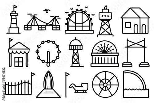 Collection of simple line drawings of amusement park rides and structures Ferris wheel lighthouse