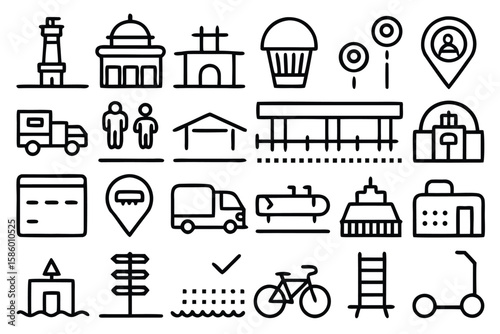 Minimalist Black Line Icons of Buildings Transportation and Symbols vector