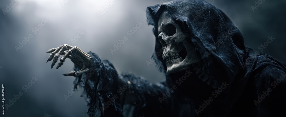 Fototapeta premium The haunting skeleton emerging from the shadows in a dark, eerie setting.