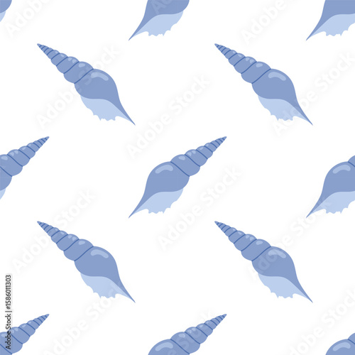 Seamless pattern with blue seashells on white background. For summer textiles and beach designs.