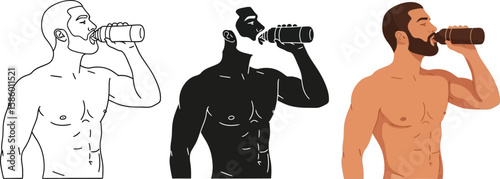 Illustrations showcase a muscular man drinking from a bottle in three distinct styles line art, silhouette, and full color, ideal for health, fitness, or beverage-related content.