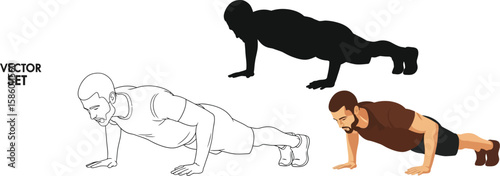 A vector set showcases a man doing pushups in three different styles a full color version, a silhouette, and a line drawing, ideal for fitness and exercise illustrations.