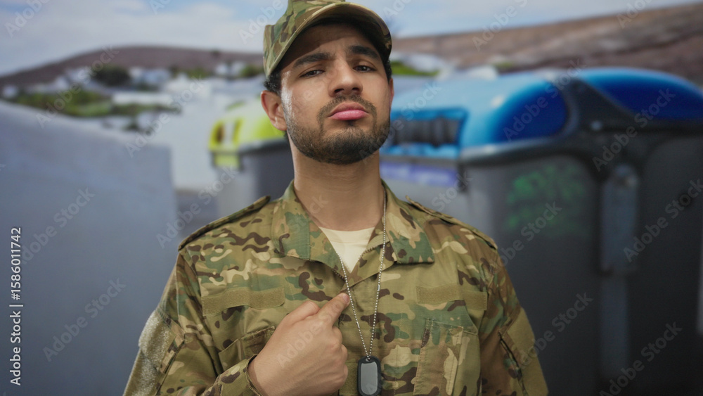 Fototapeta premium Young man points finger to dog tag on military uniform in street next to large recycling bins; pride duty.