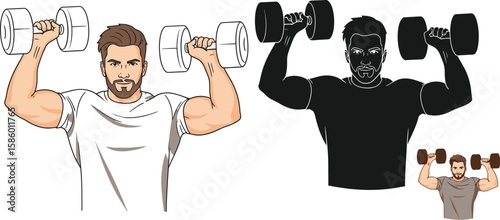 A cartoon illustration showcases a man lifting dumbbells, highlighting fitness, exercise, and strength training, with a silhouette version adding a graphic element for design projects.