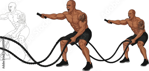 Illustration showcases a muscular man with a tattoo, engaged in a dynamic battle rope workout, depicted in three stages from sketch to full color, highlighting fitness and strength.