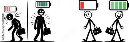 Duplicate stick figure illustration showing energy difference with battery icons
